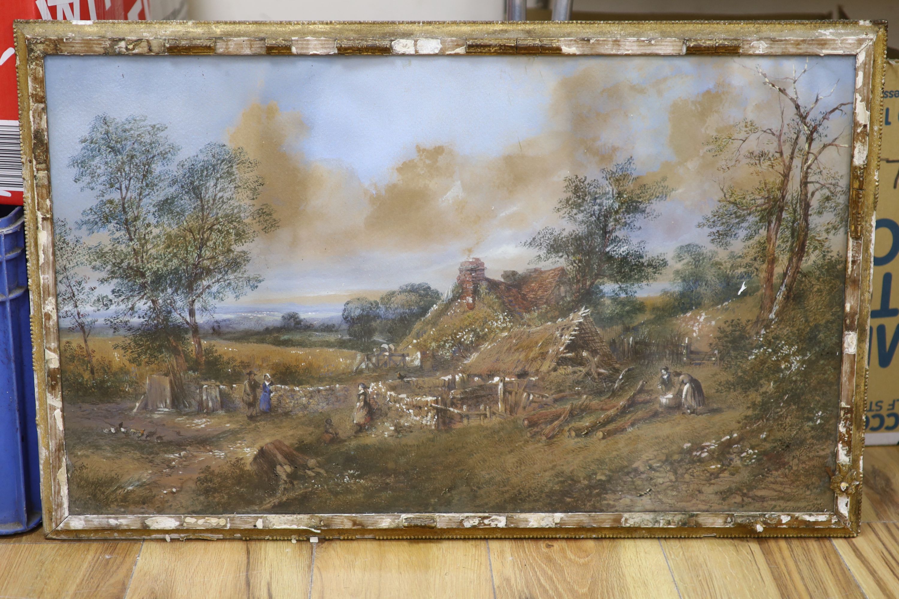 19th century English School, Farmyard cottage, indistinctly signed and dated, 42 x 70cm